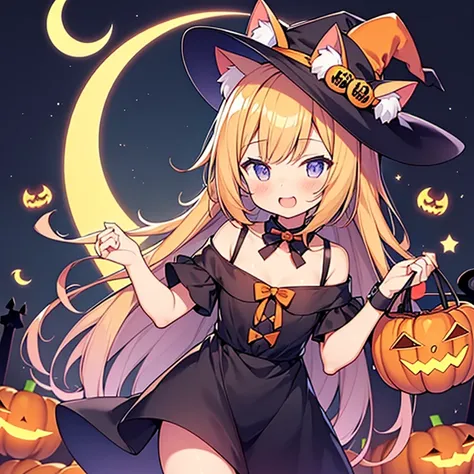 Illustration wallpaper,  little character , Cat ear girl, Witch girl, Halloween, cute kitty ,  Jack O Lantern, rainbow, Crescent...