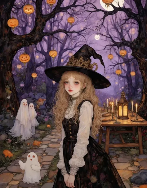 painting of a cute girl magical witch hat on standing waiting for halloween, aesthetic girl,  digital painting of halloween, ele...