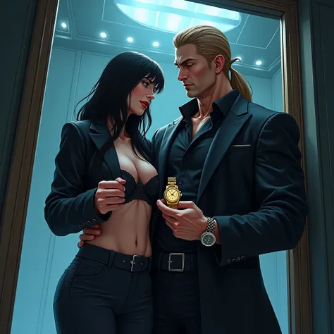 In a large elevator , , with a soft blue light, erect and imposing, holding the woman around the waist , mientras The woman MIR...