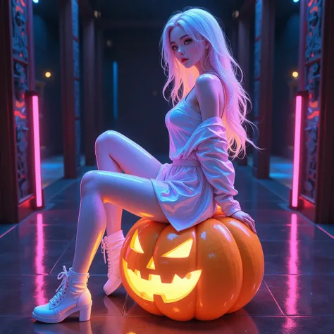 เหนือความจริง, cyberpunk style , full body, from side, high angle shot, sexy girl sitting on pumpkin , 1girl, ผมยาวสีฟ้าอมชมพู, ...