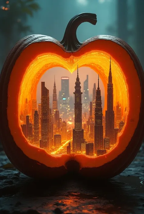a gigantic sliced open pumpkin, with a modern city inside the pumpkin, surreal, photo-realistic, 8k, ultra-detailed, cinematic l...