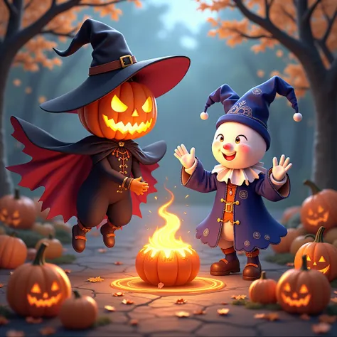 Jack OLantern and Jack Frost, from Megami Tensei. Anime Style video game character, "pumpkin dressed as a witch from the black m...