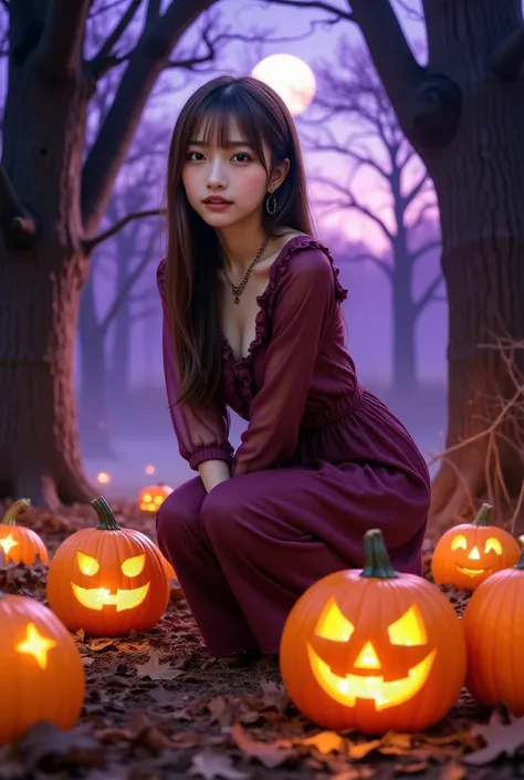 1 girl, gal, seductive smile, makeup, 
halloween scene in a forest with glowing pumpkin lanterns on the ground covered with hall...