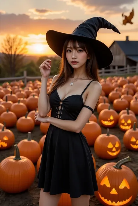 1 girl, gal, seductive smile, makeup, she has witch's clothes, a witch's hat, and a glowing wand,
a vast pumpkin patch at dusk, ...