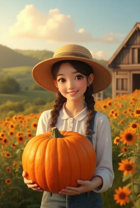 1 Asian girl in old farmers clothes, smiling while holding a large pumpkin, farm, old farmhouse, photo for rural relocation prom...
