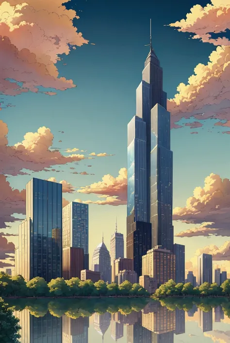 (colored sketch), a beautiful detailed illustration of a city skyline with tall buildings, large swaying trees, a lake and sandy...