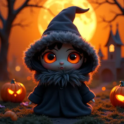 the image portrays a whimsical plush toy personifying the witch, bathed in the ethereal glow of a moonlit castle, draped in a my...