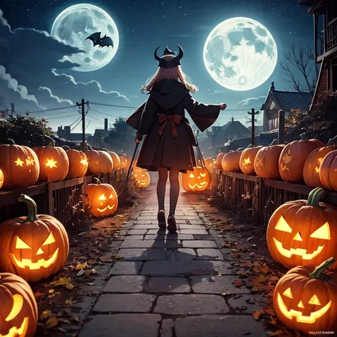 Illustration wallpaper, Haunted Nights , Halloween 、 Strange City 、Eerie cityscape、 Moonlight Night Legends 、 Pumpkins with a...