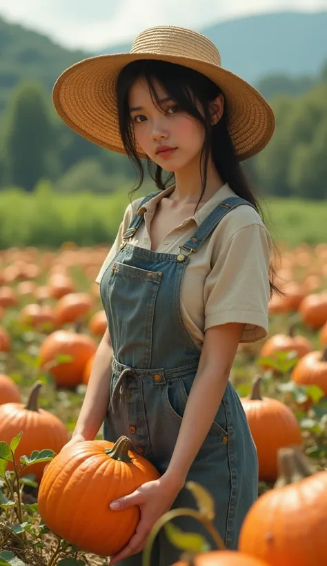 (japan beautiful girl busty farmer wearing ordinary farm clothes harvesting pumpkins grown in the field:1.3)