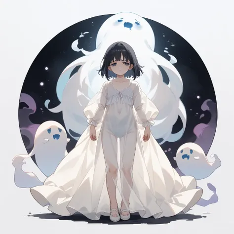 (( avatar style )), Ghost-style avatar , White Ghost, Translucent costume, Pale white light, Ethereal background, Long black hai...