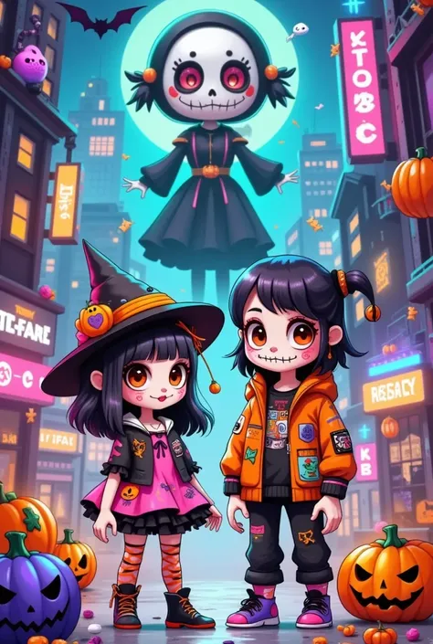 Cyberpunk Tech City，  a cartoon girl and boy in Halloween costumes, Witch Hat，Ric Nagualeros concept illustration  , Artstation ...