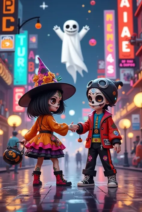 Cyberpunk Tech City，  a cartoon girl and boy in Halloween costumes,Street dancing ， Witch Hat，Ric Nagualeros concept illustratio...