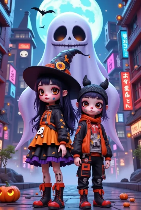 Cyberpunk Tech City， a cartoon girl and boy in halloween costumes back to back，Look at the lens， Witch Hat，Ric Nagualeros concep...