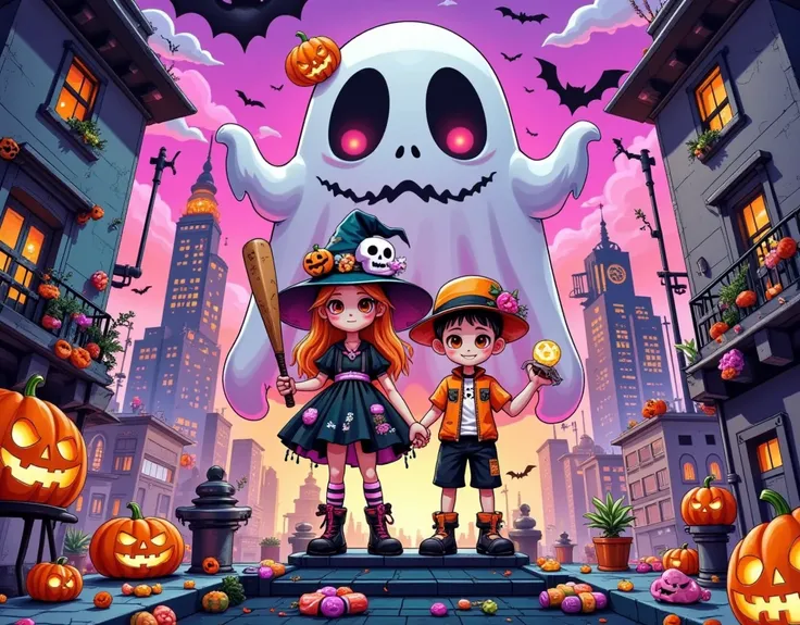 graffiti poster ， graffiti design ，graffiti illustration：1.37.Cyberpunk Tech City， (((A cartoon girl and boy in Halloween costum...