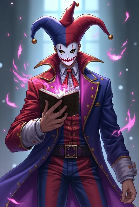 anime style, teen male, wears a plain white mask with eyeholes and a bloody smile painted on it, wears a colorful jester outfit ...