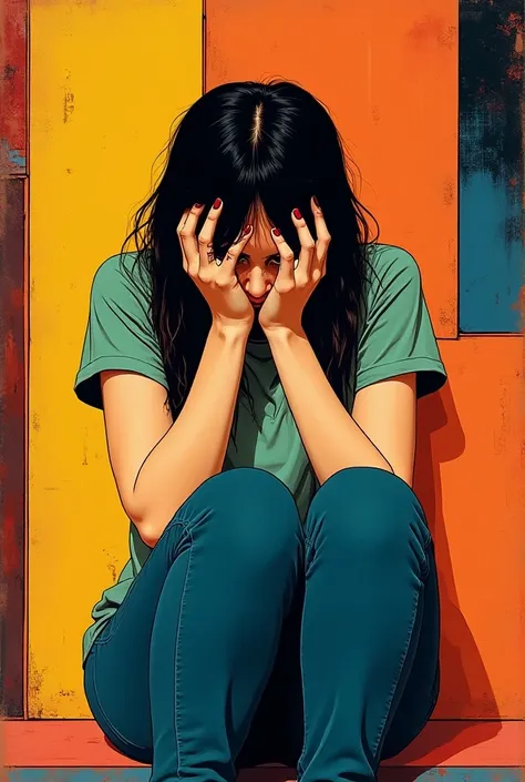 Sad girl sitting covering her face with pop art theme