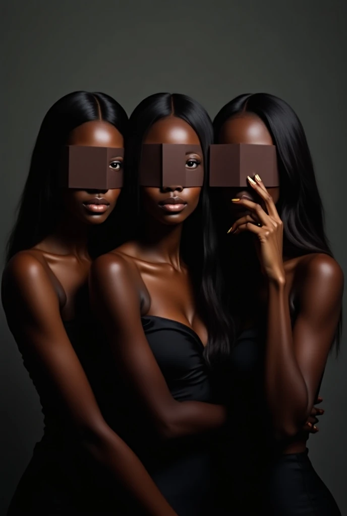 the image features three black women with long lashes and gold nails standing close together, facing the camera. their faces are...