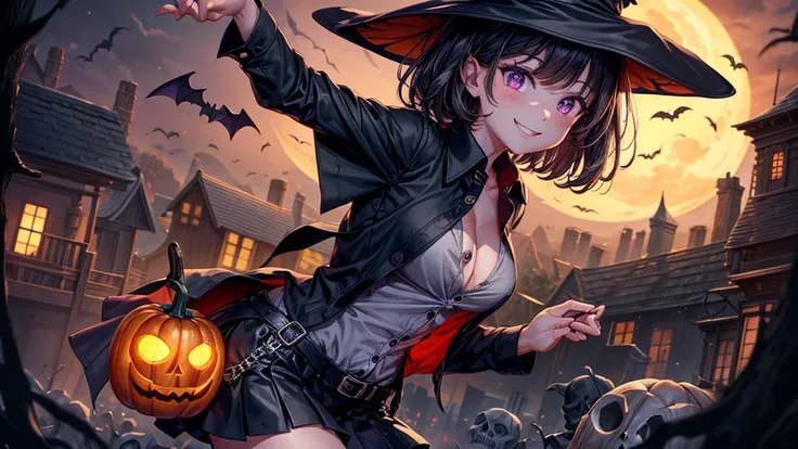 1girl, solo, halloween, night, old house, owl, bat, pumpkin, ((skeletons)), ((skulls)), creepy, trees, ((witch)), black hair, la...