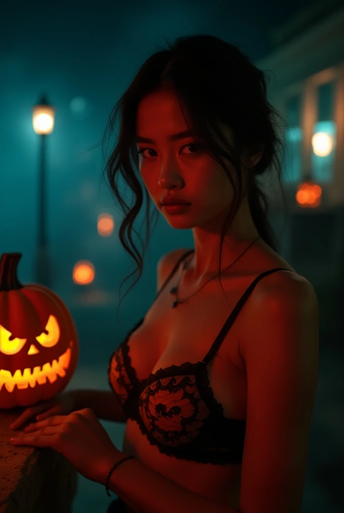 A 23-year-old Sexy big boob Thai nude lady stands on a balconys edge, pumpkin
body painting,
The high-contrast lighting accentua...