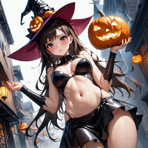 Cyberpunk Style, ((Mysterious Halloween fantasy town)), (Dark hair, dark eyes), ((Navel)), ((Shiny silk dress, skirt, Halloween ...