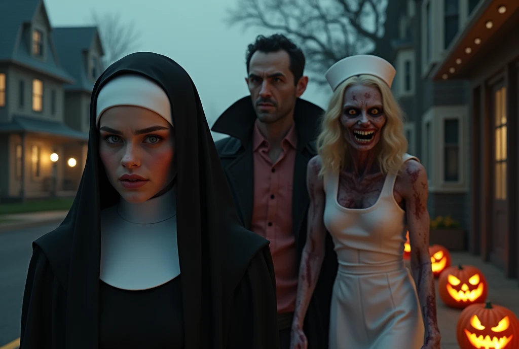 Close-up of a young woman in a nuns costume, a man in a Dracula costume, a woman in a nurse zombie costume, jack-o-lanterns, str...