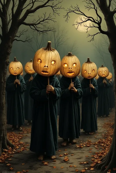 Druids carrying turnips hollow inside with a face engraved on the front that represents the God of Death Samhain