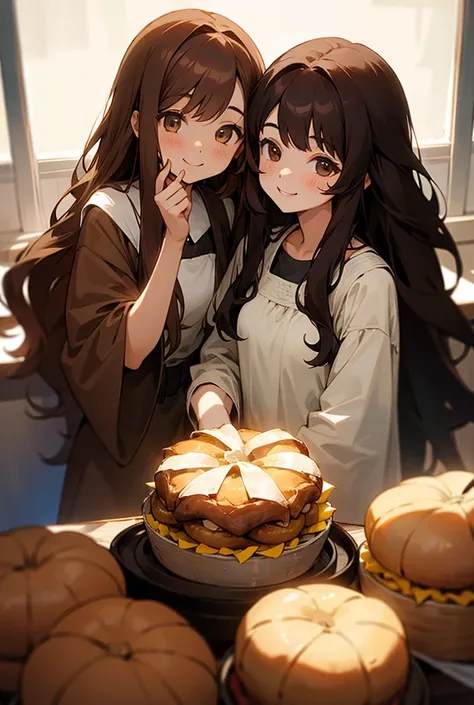 Two Girls, Long Hair, Brown Hair, smile, Food, 
