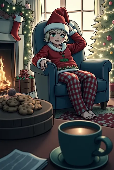 On Christmas with Christmas outfit by the fireplace