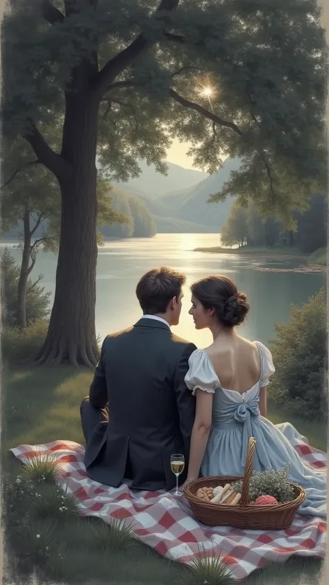 Create a picture of Karel Hynek Mácha on a picnic at Mácha Lake with his wife Lori Šomkouová
