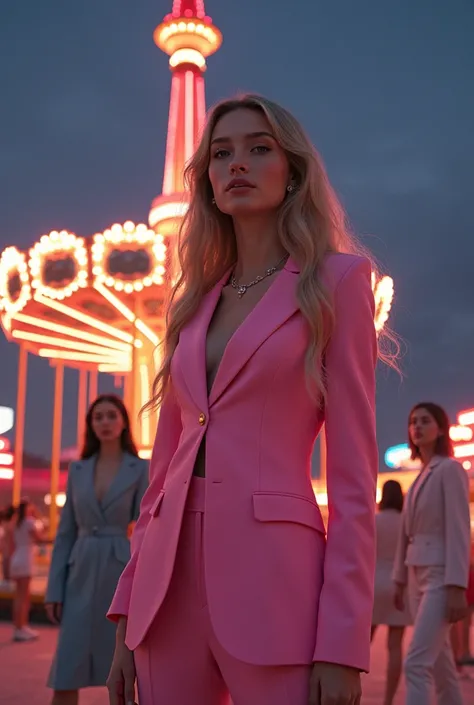 60s retrofuturistic amusement park Night FEMALES full bodyesbian high fashion, Russian face Ekaterina Enokaeva blonde. , ...