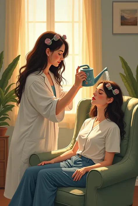 make a drawing to trace of a girl with long wavy hair who is sitting treating her female patient is a psychologist, and her pati...