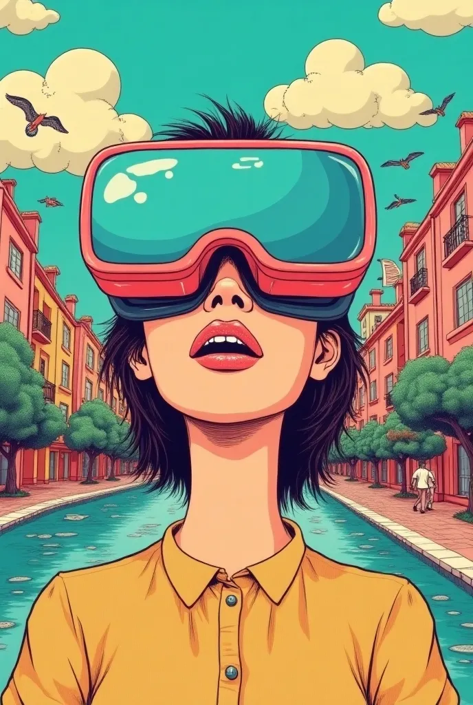 line illustration，a surreal and cinematic close-up of a detailed surreal collage with pop art elements, two giant vr glasses res...