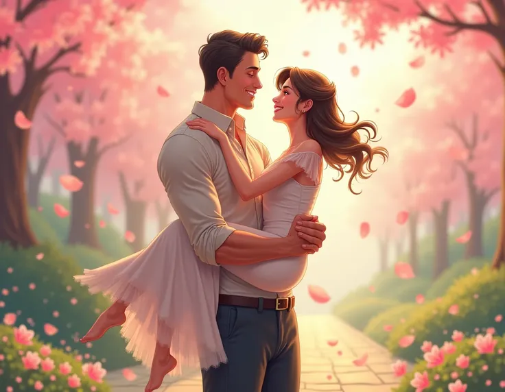 create a man lifting up a young women, pleasant background with cherry blossom falling