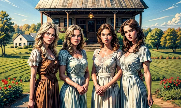 a close-up of 3 sexy unique caucasian farming sisters and their handsome father. all are dressed for the farm and standing on th...