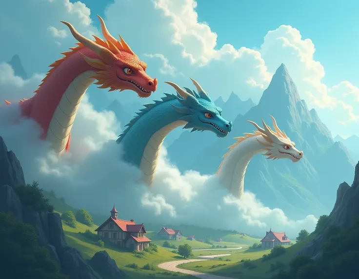 the three dragons probed their heads and half of their bodies after the clouds in the mountains， below the clouds are small hous...