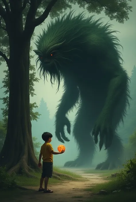 a boy scared of a 6 foot tall monster which is beside a tree
and the boy has a ball