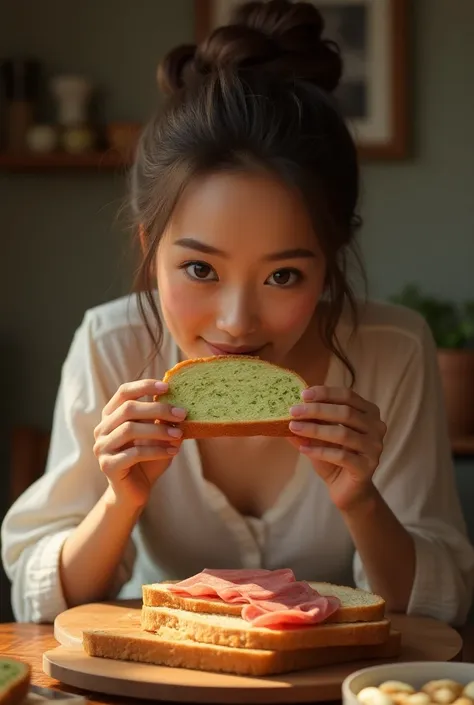 can you generate a realistic image of an adult girl eating a piece of bread with pistachio mortadella