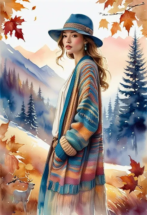 ((masterpiece)), ( best quality), ( like a movie), art nouveau watercolor , autumn scenery、birch、 one woman、large knit wool card...