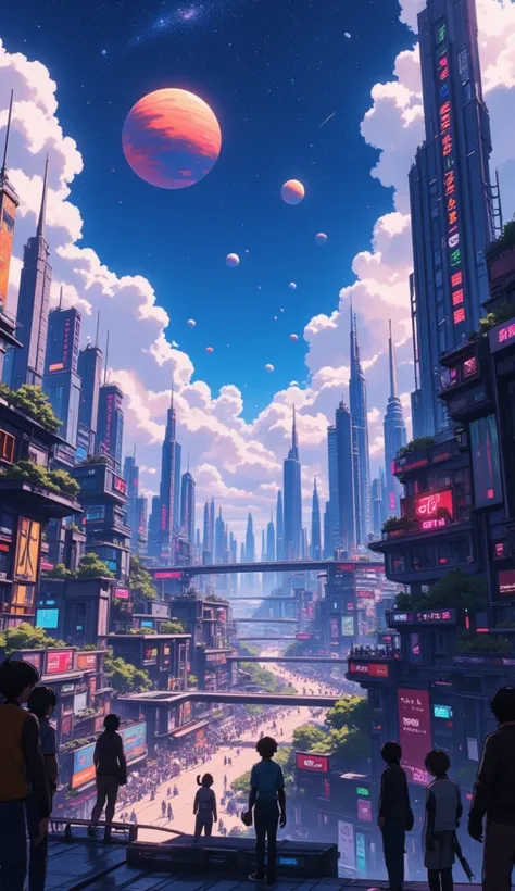 a futuristic cyberpunk city. 
 it is under the clouds in the starry sky . 
 like a fantasy land .
in the background a night sky ...