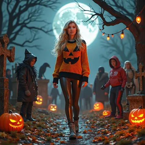 a 44-year-old woman with long blonde hair, wearing a halloween sweater, shiny brown leather leggings, and grey shoes, at a hallo...