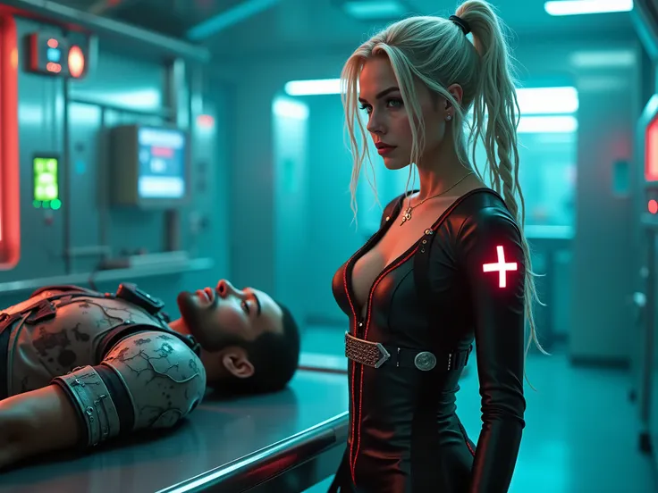 hyperrealistic,  detailed full body photo in cyberpunk setting , (anya taylor joy):1.9 as a self-confident nurse next to an exam...