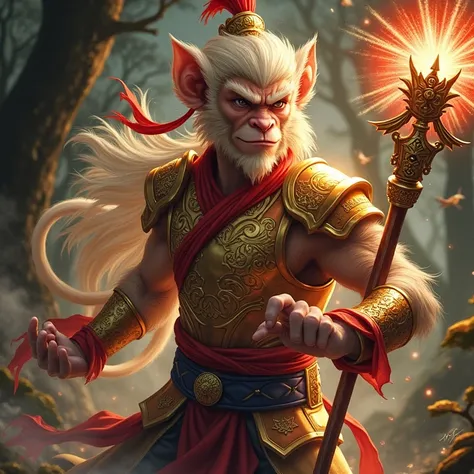 imagine sun wukong, the monkey king ,  in a dense oriental forest .  he is a strong and agile figure ,  with a slender body and ...