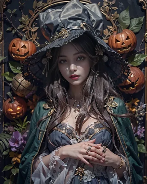 best quality, masterpiece,   attention to details,   intricate details , realistic, mysterious halloween woman with a bright exp...