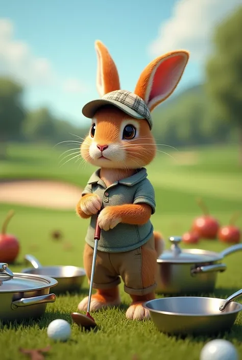 image réaliste d'un lapin rouge qui joue au golf avec des casseroles