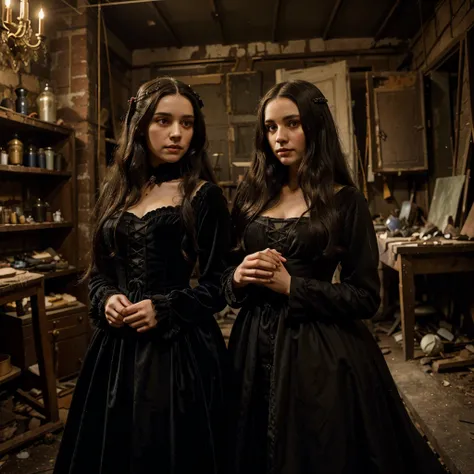 a girl with long dark hair in a velvet long dress in an old dilapidated dark doll workshop there is twilight next to a man with ...