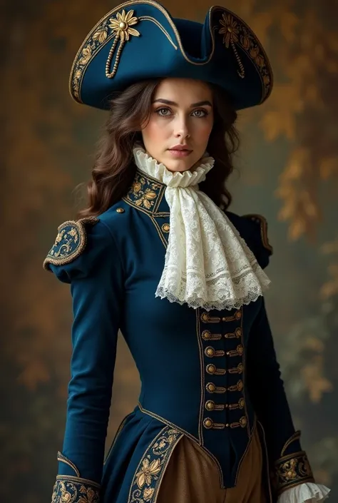 mysterious beautiful brunette woman, (((hourglass figure))), (((massive breasts))) dressed in 1710s men's versailles men's costu...