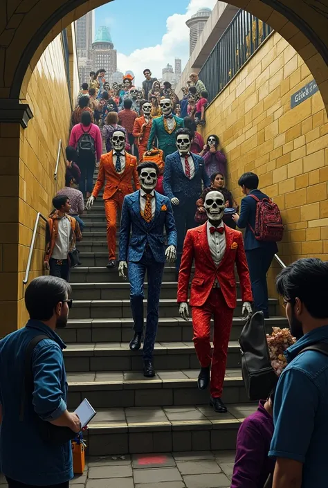 Mexico City subway ticket , stairs, personas vestidas de esqueleto subiendo por las stairs, watching the spectator