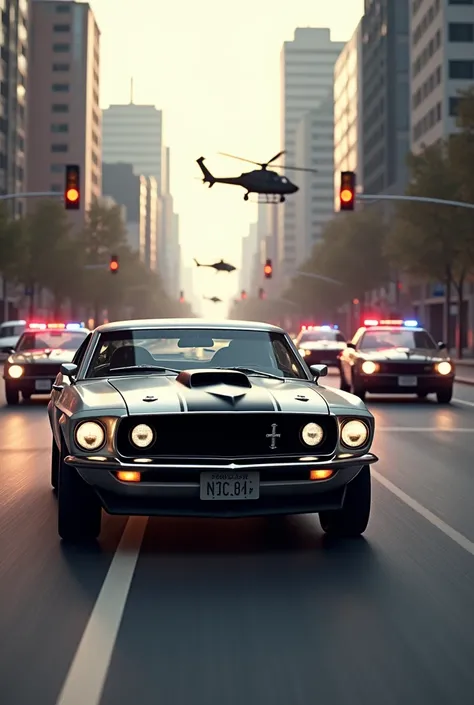 mat grey with black strips 1969 ford mustang gt, pusuit by 4 black bmw cops cars and 2 helicopters at morning in the streets of ...