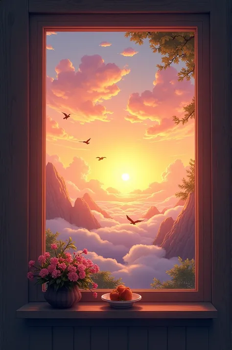 the sun is rising from above the horizon. Outside the window, the sky and clouds , birds