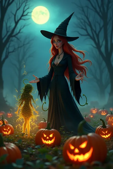 on a spooky moonlit night, a haunted pumpkin patch is enveloped in low fog, its atmosphere thick with dark magic. the first witc...